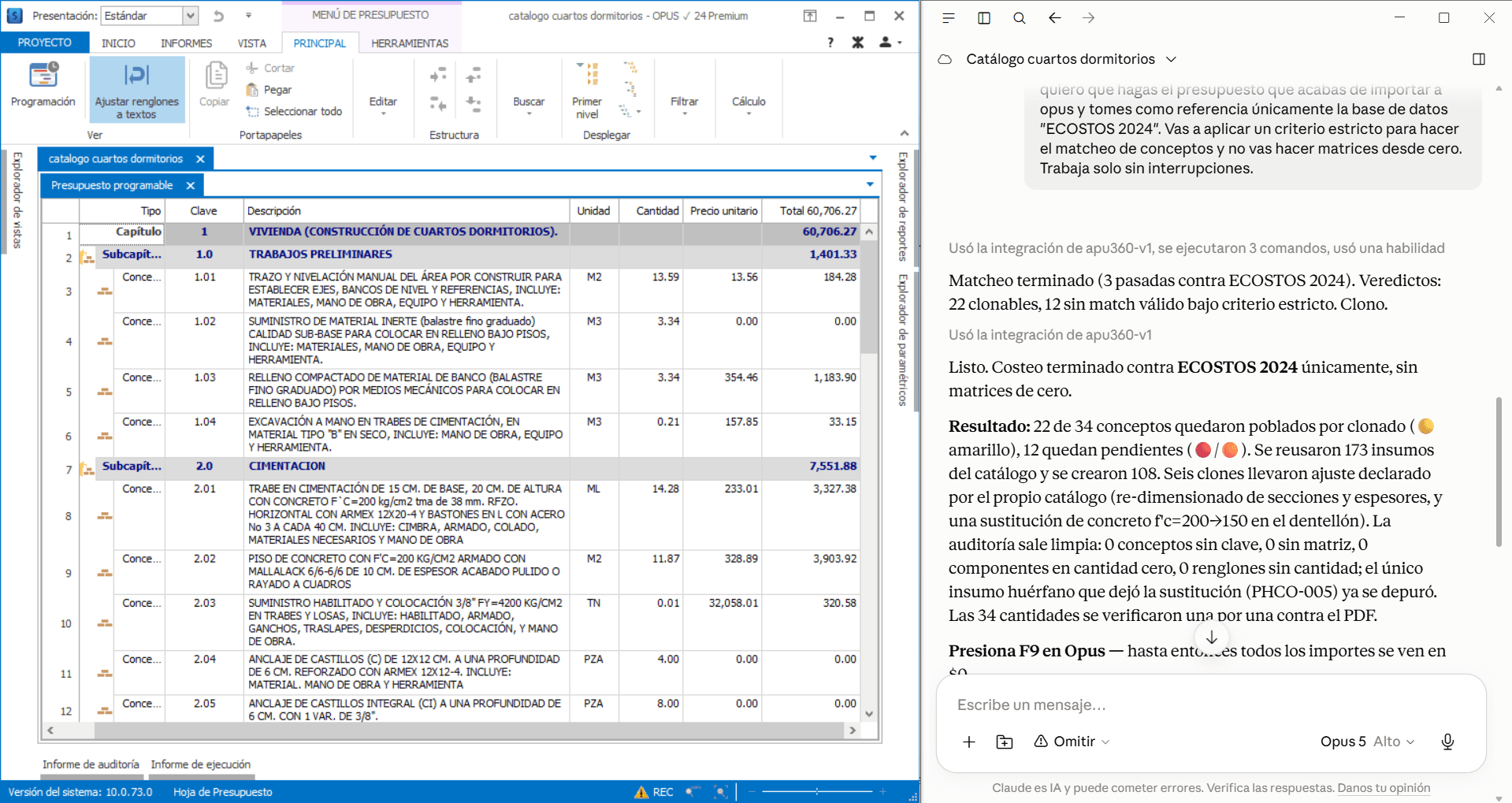 OPUS y Claude Desktop lado a lado, armando un presupuesto real con APU360